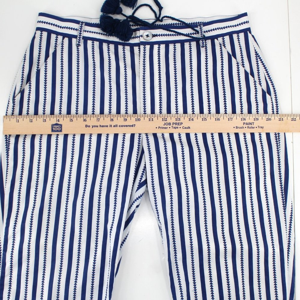 FIGUE Zuri Pants Blue White  Striped Cotton Tassel Mid-rise Casual Pockets SZ 8 - Picture 6 of 11